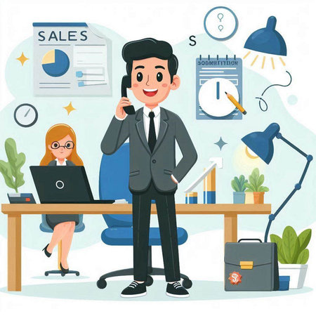 Businessman and woman working in office. Vector illustration in cartoon styleのイラスト素材