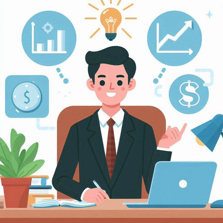 Businessman sitting at the desk and working with laptop. Vector flat illustrationのイラスト素材