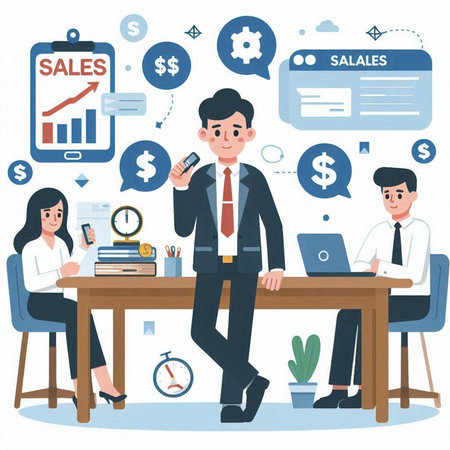Businessman and businesswoman working in office. Vector illustration in flat styleのイラスト素材