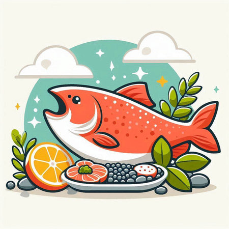 Illustration of fresh fish with vegetables and fruits. Vector illustration.のイラスト素材