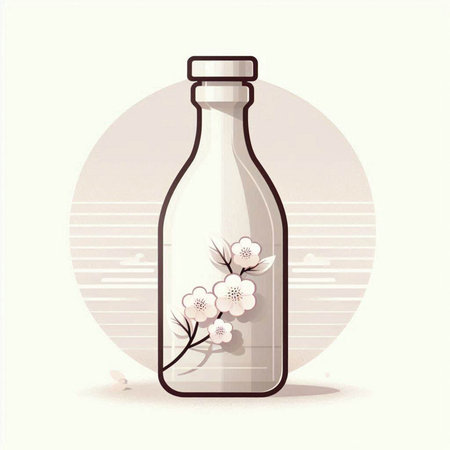bottle of milk with cherry blossom in vintage style vector illustrationのイラスト素材