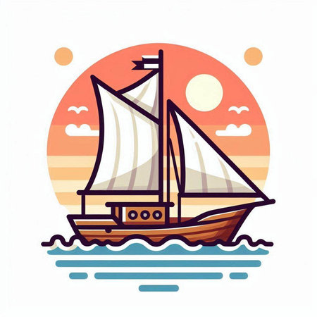 Sailing ship in the sea. Vector illustration in flat style.のイラスト素材