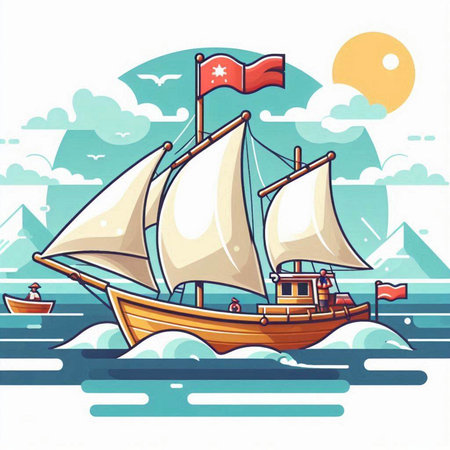 Sailing ship in the sea. Vector illustration in cartoon style.のイラスト素材