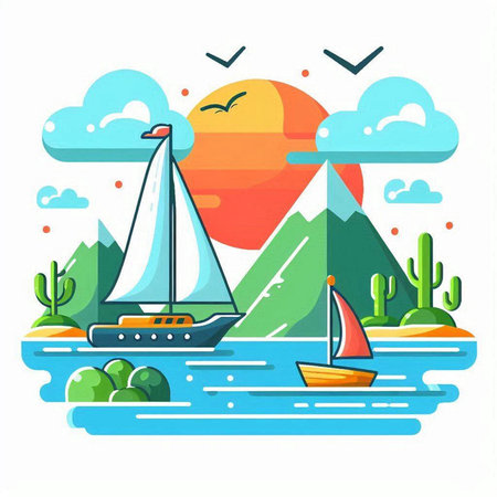 Sailing boat on the river. Vector illustration in flat style.のイラスト素材