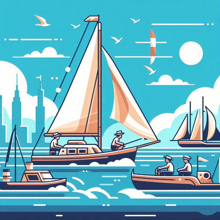 Sailing boats in the sea. Vector illustration in flat style.のイラスト素材