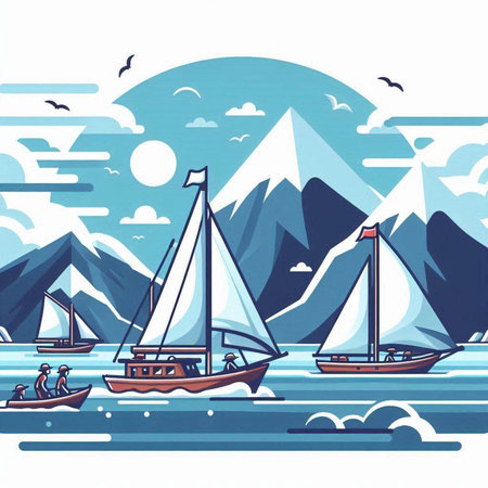 Sailing boats in the mountains. Vector illustration in flat style.のイラスト素材
