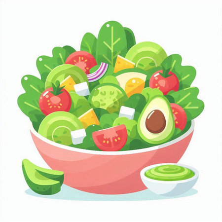 Salad with avocado, tomato, cucumber, onion and guacamole in bowl. Vector illustrationのイラスト素材