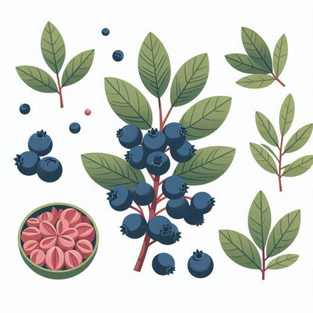Blueberry set. Berries, leaves and fruits. Vector illustrationのイラスト素材