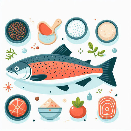 Vector illustration of a fresh salmon fish on a white background with food ingredients.のイラスト素材