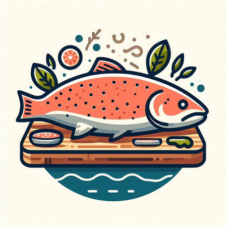 Illustration of a salmon on a cutting board. Vector illustration.のイラスト素材