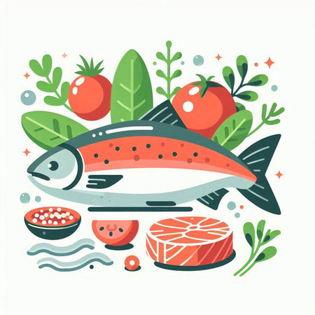 Salmon fish with vegetables and herbs. Vector illustration in flat styleのイラスト素材