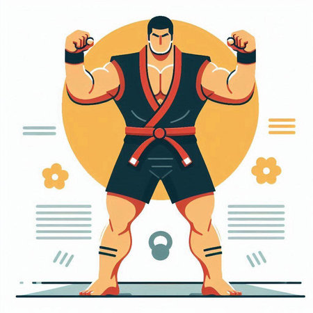 Kung fu fighter with red belt. Vector illustration in flat styleのイラスト素材