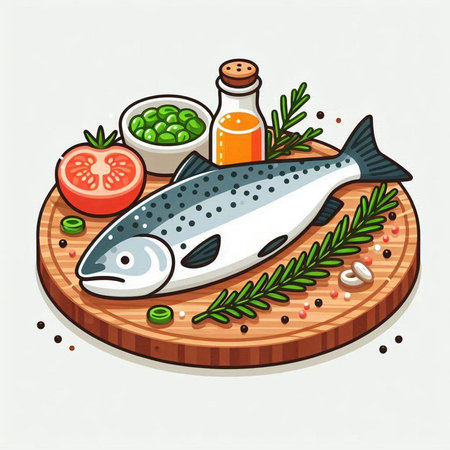 Vector illustration of fresh salmon with spices and vegetables on wooden board.のイラスト素材
