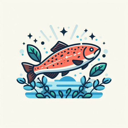 Colorful vector illustration of a rainbow trout on the background of the sea.のイラスト素材