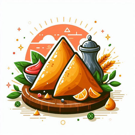 Vector illustration of indian dumplings on round wooden board.のイラスト素材