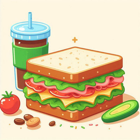 Illustration of a sandwich with tomato and cucumber and a sodaのイラスト素材