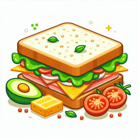 Illustration of a sandwich with ham, cheese, tomato and avocadoのイラスト素材
