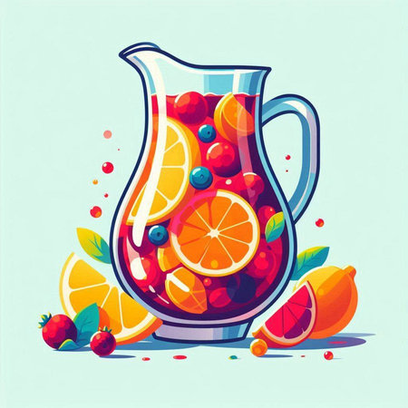 Vector illustration of a jug of sangria with fruits and berries.のイラスト素材