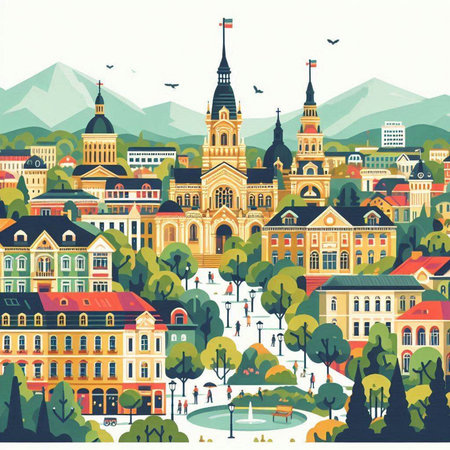 Cityscape with buildings and trees. Vector illustration in flat style.のイラスト素材