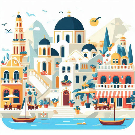 Vector illustration of Venice with greek houses, boats and seagullsのイラスト素材