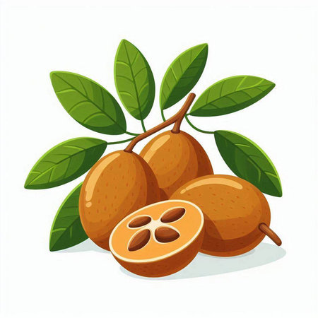 Sapodilla fruit with leaves on a white background. Vector illustration.のイラスト素材