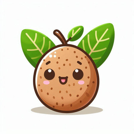 Cute cartoon kawaii kiwi fruit with green leavesのイラスト素材