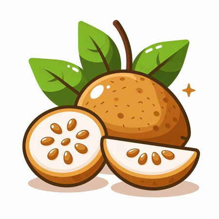Illustration of fresh sapodilla fruit with leaves on white backgroundのイラスト素材