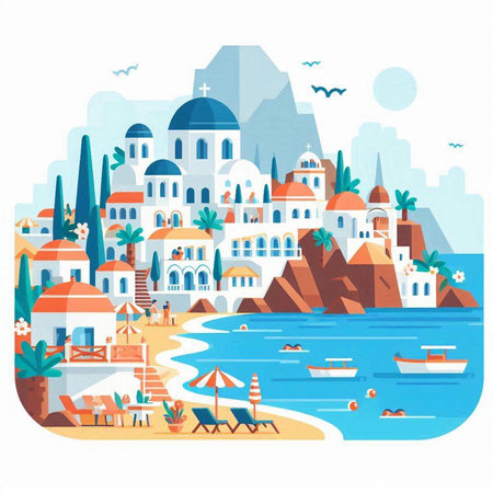 Greek island in the sea. Vector illustration in flat cartoon style.のイラスト素材