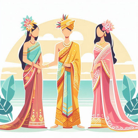 Indian women in traditional clothes standing on the beach. Vector illustration.のイラスト素材