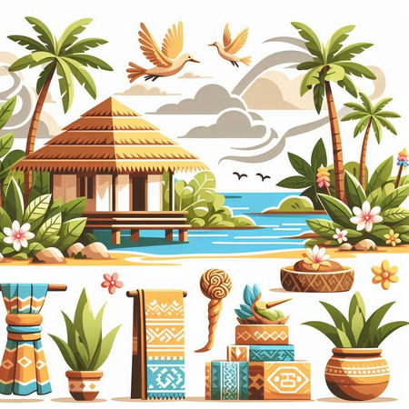 Tropical island with palm trees and bungalows. Vector illustrationのイラスト素材