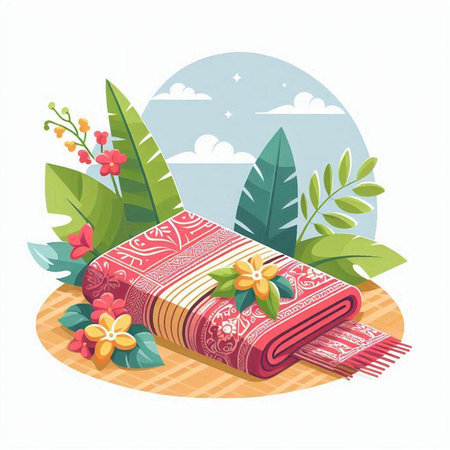 Carpet and tropical leaves. Vector illustration in cartoon style.のイラスト素材