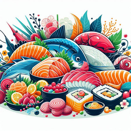 Vector illustration of japanese food with fish, vegetables and fish.のイラスト素材