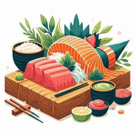 Japanese food. Sushi set. Vector illustration in cartoon style.のイラスト素材