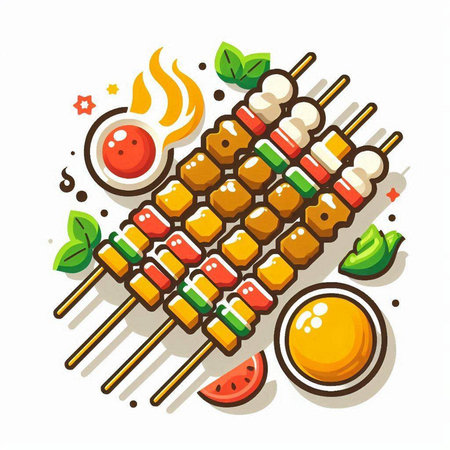 Illustration of Grilled Pork Skewers on White Background - Vectorのイラスト素材