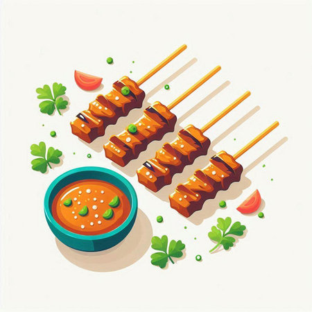 Skewers of pork with sauce on skewers. Vector illustrationのイラスト素材