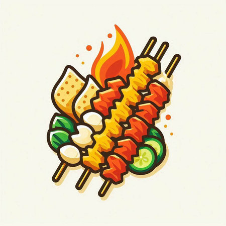 Skewers on a fire. Vector illustration in flat styleのイラスト素材
