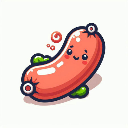 Sausage kawaii character. Vector illustration. Isolated on white background.のイラスト素材