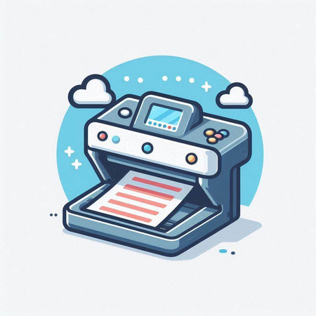 Vector illustration of a printer in a flat style on a blue background.のイラスト素材