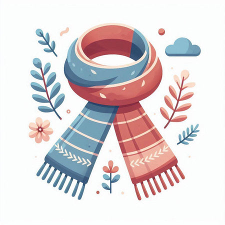 Winter scarf with flowers and leaves. Vector illustration in cartoon style.のイラスト素材