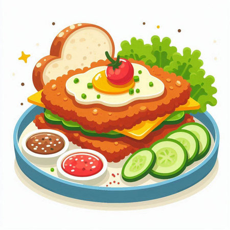Vector illustration of a hamburger with salad, tomato and cucumberのイラスト素材