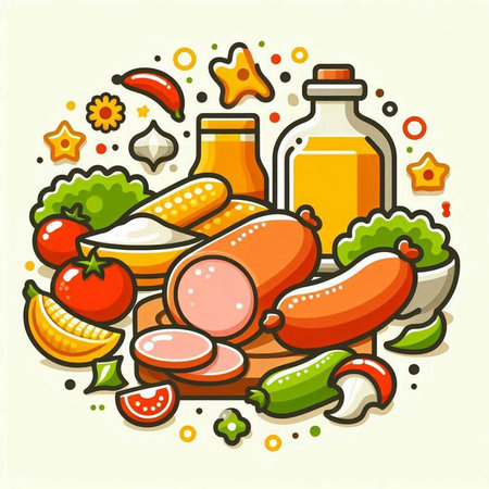 Vector illustration of sausage, vegetables, oil and spices on white background.のイラスト素材