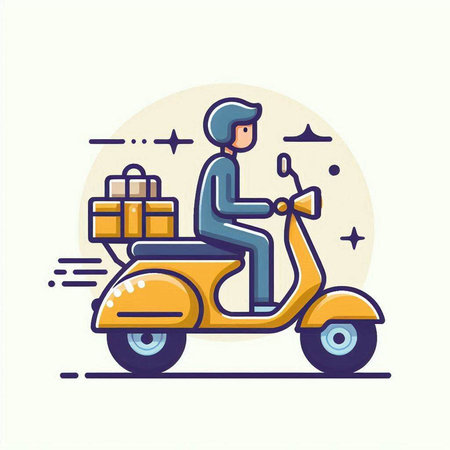 Vector illustration of a man riding a scooter with a box of giftsのイラスト素材