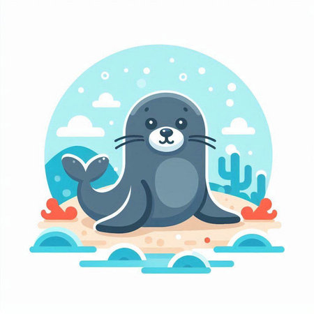 Cute seal on the waves. Vector illustration in flat style.のイラスト素材