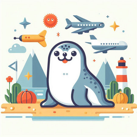 Vector illustration of cute seal on the beach. Flat style design.のイラスト素材