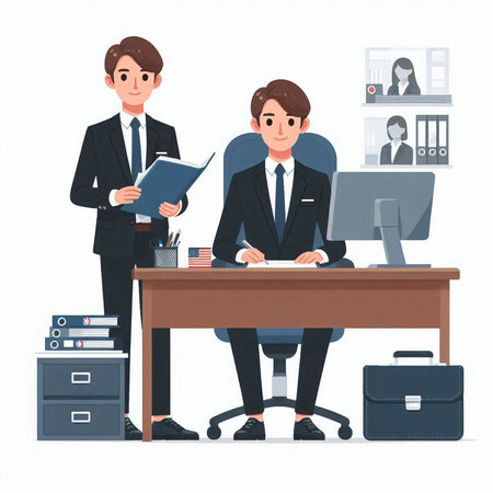 Businessman and businesswoman in office. Vector illustration in flat styleのイラスト素材