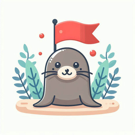 Cute seal with a red flag on the island. Vector illustrationのイラスト素材