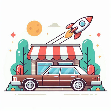 Retro car with awning and awning. Vector illustrationのイラスト素材