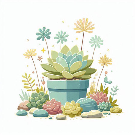 Cactus in a pot with succulents. Vector illustration.のイラスト素材