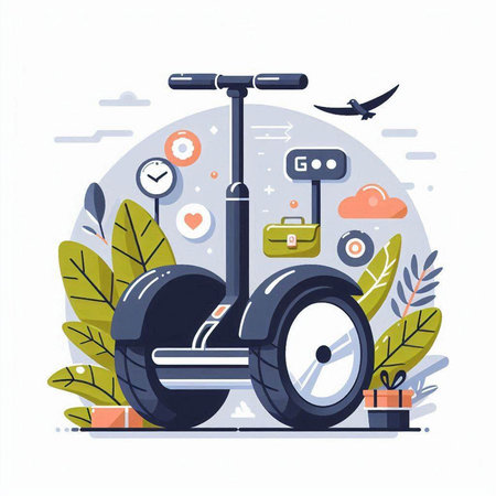 Modern electric scooter on a background of nature. Flat vector illustration.のイラスト素材