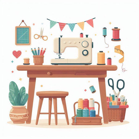 Sewing workshop. Sewing machine, scissors, thread, pins, fabric, scissors, pins, pins. Vector illustrationのイラスト素材